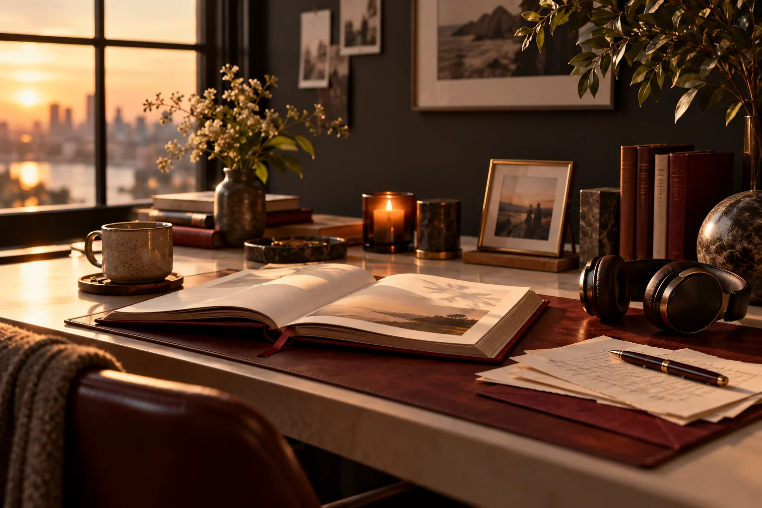 A warmly lit creative workspace with a book, headphones, a letter, and a framed keepsake.